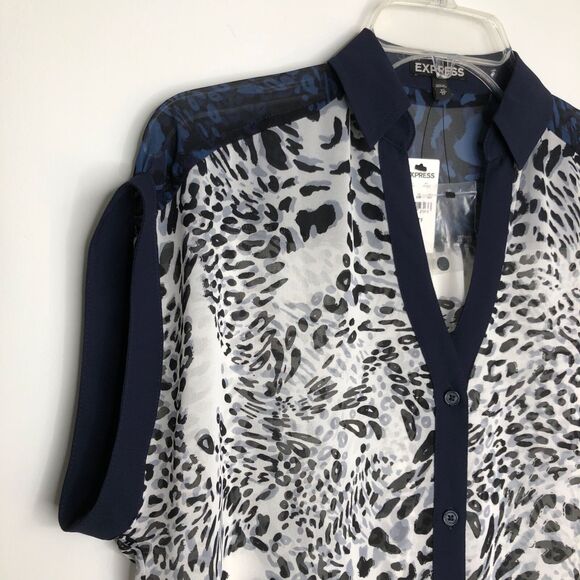 Express NWT Wms XS Sheer Black White Animal Print Button Up Blouse Casual Office - Picture 6 of 10
